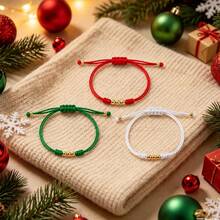 3PCS Minimalist Red Green White Braided Rope Bracelet Set, Adjustable Friendship Bracelet With Gold Beads, Birthday Gift - Multicolor - View 4