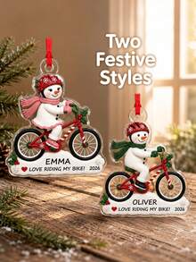 1pc Customized Name Snowman Riding Bicycle Christmas Ornament, Christmas Bicycle Pendant, Snowman Couple Winter Souvenir, Cyclist Holiday Gift, Christmas Tree Hanging Decoration, Christmas Gift - Multicolor - View 4