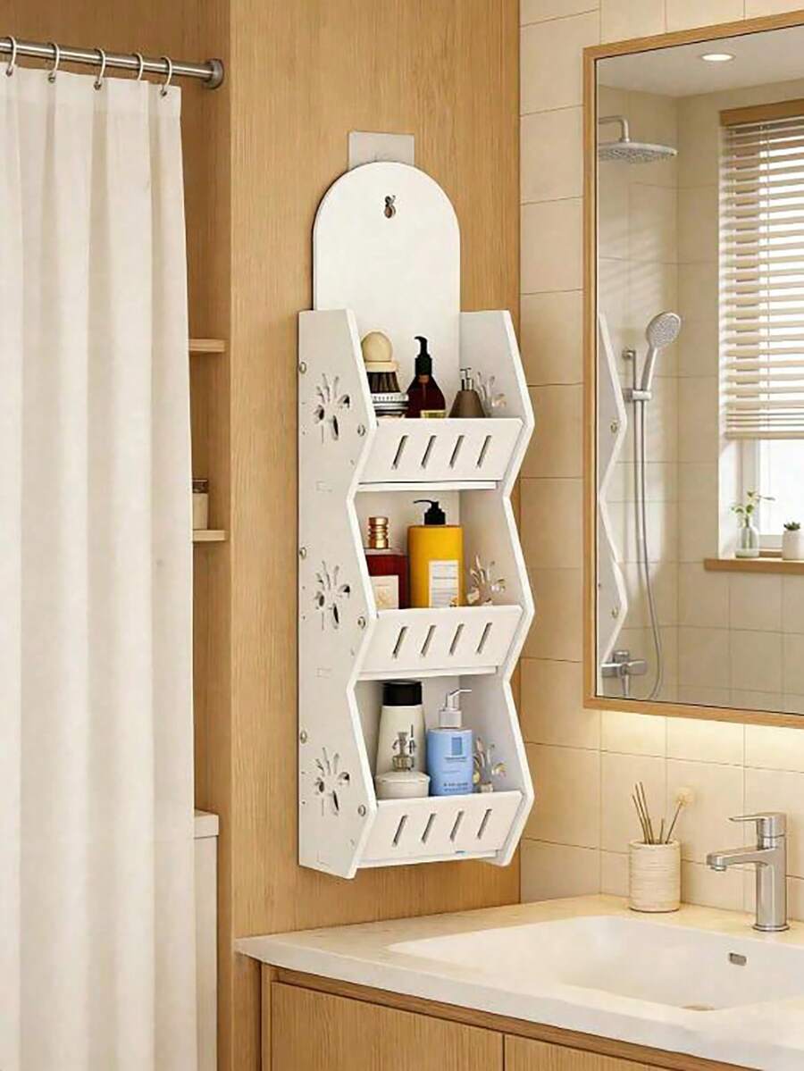 1 buah Rak Penyimpanan Kamar Mandi Dinding PVC Tahan Lembap 3 Tingkat Kapasitas Besar, Organizer Multifungsi dengan Pengait, Cocok untuk Ruang Sempit, Dapat Menyimpan Perlengkapan Mandi, Kosmetik, Sikat Gigi, Cocok untuk Dekorasi Dinding Kamar Mandi, Ruang Tamu, dan Dapur - Putih - View 1