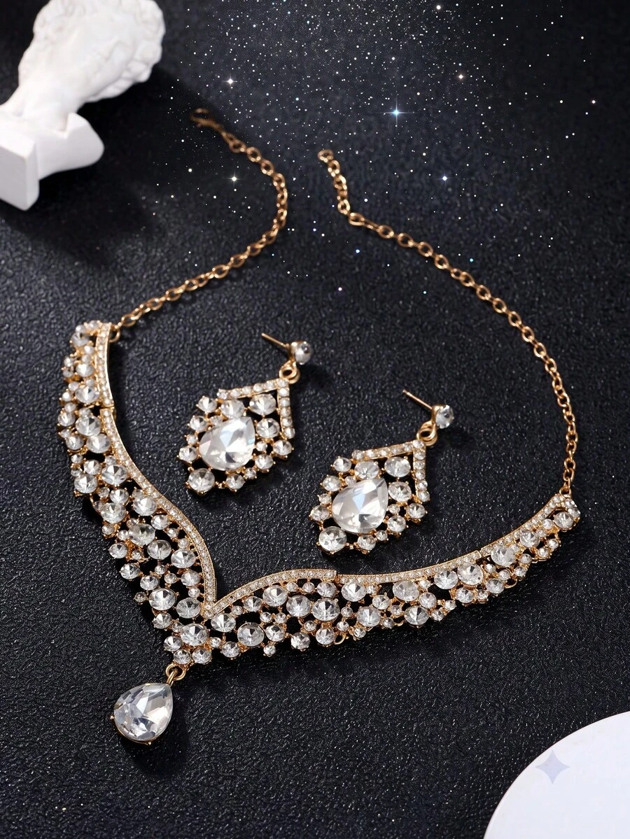 3件組新娘水鑽水滴項鍊與耳環套組，優雅金色調正式派對婚禮珠寶飾品配件