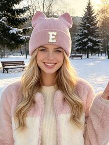1pc Women's Bunny Ear Hat With Lettering & Cat Ears - Lightweight Warm Brimless Suitable For Winter, Christmas Thanksgiving ,Birthdays Gift - Pink - View 3