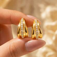 1 Set Stainless Steel Chain Zirconia Water Drop Pendant Necklace And Earrings Set, Gift Jewelry - Gold - View 9