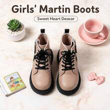 Sepatu bot pendek motif hati untuk anak perempuan yang imut, detail warna pink manis, resleting samping, tali pengikat, sol tebal anti selip, cocok untuk musim gugur/musim dingin. - Khaki - View 2