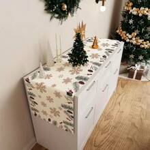 A Set Of Linen Table Runner With Holly And Red Berry Pattern Design, Adorned With Golden Snowflakes. Durable Indoor And Outdoor Holiday Table Flags, Suitable For Kitchen, Restaurant, And Christmas Party Decoration, Holiday Themes, And Home Decor. - Multicolor - View 7