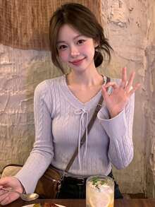 Sweater Rajut Wanita Gaya Seksi dengan Tekstur Berongga dan Tali Pengikat, Model Lembut, Pas Ramping, Atasan Dalaman Pendek, Potongan Acak - Mauve Purple - View 3