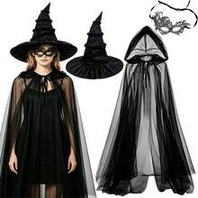 Halloween Dark Witch Costume Set Including Hooded Mesh Cape, Ruffled Witch Hat, Lace Mask, Suitable For Halloween, Carnival Party, Stage Role Play, Fashion Dress-Up Outfit - Black - View 1