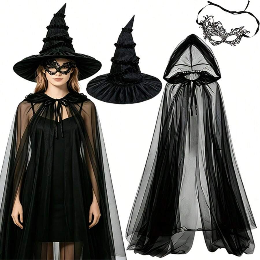 Halloween Dark Witch Costume Set Including Hooded Mesh Cape, Ruffled Witch Hat, Lace Mask, Suitable For Halloween, Carnival Party, Stage Role Play, Fashion Dress-Up Outfit - Black - View 1