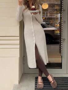 Unadoll Women's Autumn Beige Long Knit Cardigan, Elegant V-Neck Front Button Ribbed Sweater Jacket, Fashionable Casual Commute And Back To School Outfit - Apricot - View 8