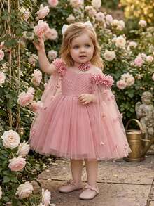 Baby Girls Thick Strap 3D Flower Mesh Cute Party Dress, Headband Not Included - Dusty Pink - View 1