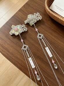 2pcs Iridescent Mermaid Flower Tassel Clip Set, Women's Exquisite Pearl Bangs Side Clips, Beaded Chain Long Tassel Luxury Hair Accessories - Multicolor - View 3