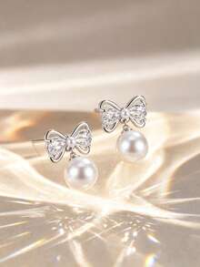 1 Pair S925 Sterling Silver Elegant Bow Design Stud Earrings With Sparkling Cubic Zirconia And Pearl, Elegant Elegant Women's Daily Wear Quality Jewelry, Exquisite Gift For Loved Ones - Silver - View 3