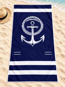 1pc Blue & Navy Blue Anchor Pattern Beach Towel, Nautical Style Polyester Rectangular Large Bath Towel, Suitable For Women's Vacation And Poolside Use - Multicolor - View 1