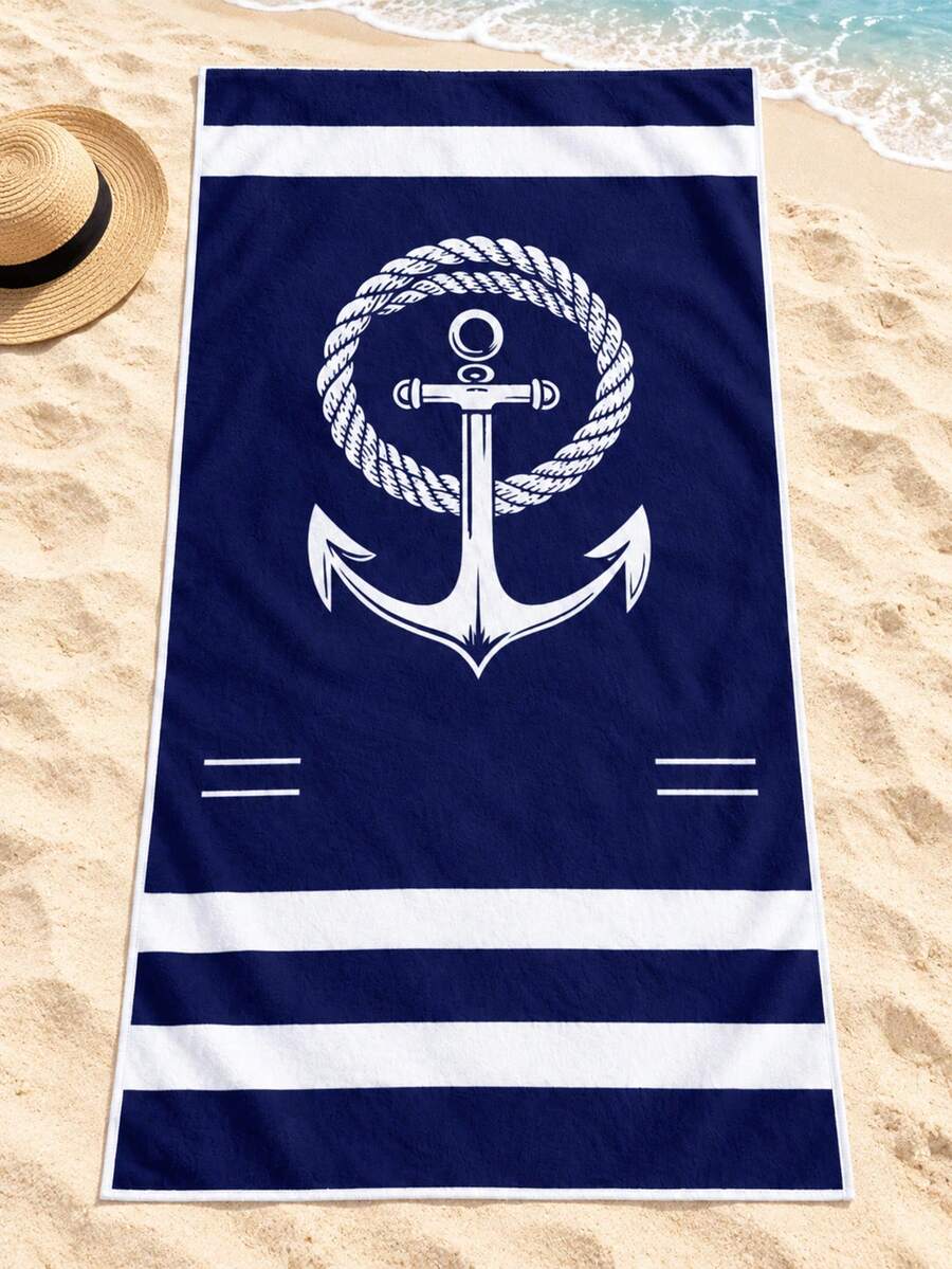 1pc Blue & Navy Blue Anchor Pattern Beach Towel, Nautical Style Polyester Rectangular Large Bath Towel, Suitable For Women's Vacation And Poolside Use - Multicolor - View 1