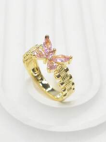 1pc Women's Cute Elegant Pink Butterfly Shaped Gold Plated Ring, Daily Commute, Date Party, Best Birthday Gift - Gold - View 3