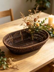 Handmade Woven Fan Shaped Storage Basket, Brown Imitation Rattan Wicker Tray For Bread Fruit Food Serving - Oval - View 10