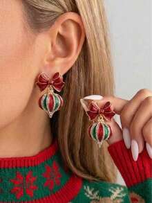 1 Pair Christmas Fashion Elegant Exquisite Glitter Bow Earrings, Ideal Holiday Gift - Multicolor - View 5
