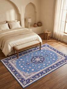1PC Light Blue Navy Pink Floral Medallion Pattern Traditional Persian Carpet, French Vintage Elegant Style Faux Cashmere Rectangular Area Rug With Multi-Layered Serrated Center Medallion And All-Over Scattered Floral Details, Machine Washable, Suitable For Living Room Bedroom, All-Season Home Decor - Multicolor - View 2