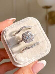 MADEONE 1 Set Cincin Elegan 3 Buah, Bertatahkan Zirkonia Putih, Perhiasan Wanita, Perhiasan Cincin Tunggal Dasar, Cocok untuk Hadiah Ulang Tahun Anak Perempuan, Pesta Prom - Tas Persegi Melengkung Tiga Set Cincin - View 1