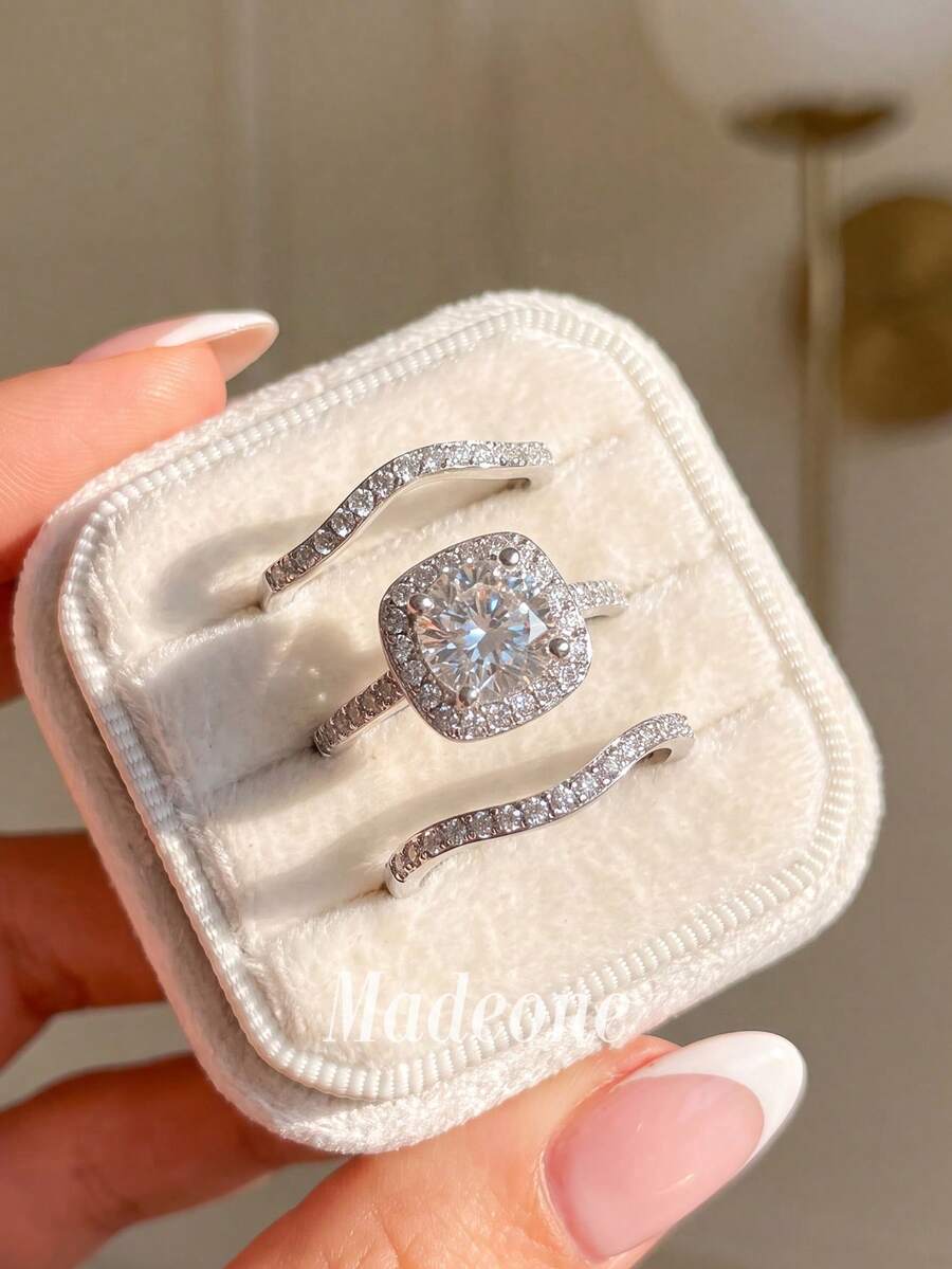MADEONE 1 Set Cincin Elegan 3 Buah, Bertatahkan Zirkonia Putih, Perhiasan Wanita, Perhiasan Cincin Tunggal Dasar, Cocok untuk Hadiah Ulang Tahun Anak Perempuan, Pesta Prom - Tas Persegi Melengkung Tiga Set Cincin - View 1
