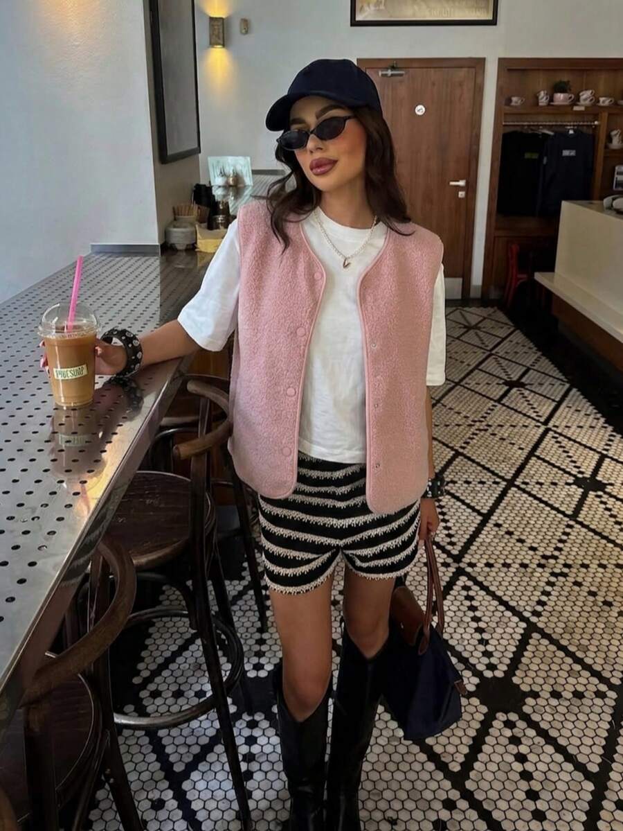 Jaket Rompi Wanita Kasual Kancing Tunggal Warna Pink, Pakaian Musim Gugur - Berwarna merah muda - View 1