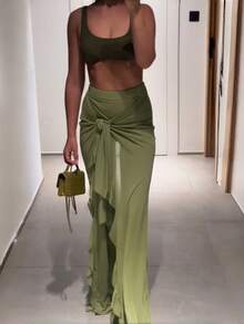 Women's Olive Green Long Flare Leg Pants With Ruffle Wrap Front, Medium Stretch Polyester Boho Resort Evening Style - Green - View 1