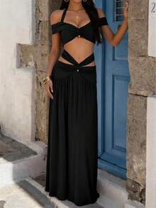 Vellofy Women's Autumn/Winter Black 2 Pieces Long Skirt Set, Halter Neck, Off-Shoulder, Knot & Cutout Design, Suitable For Ball, Evening Party, Banquet, Vacation, Cocktail Party - Black - View 7