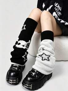 1 Pair Women's Y2K Gothic Style Knitted Wide Leg Leg Warmers, Winter Warm Leg Warmers - Black - View 2