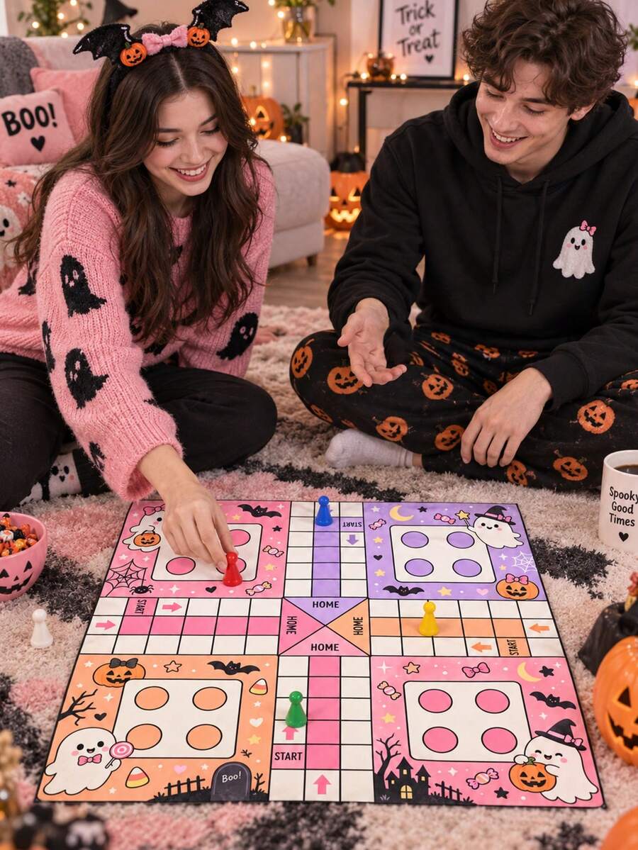 1件可愛粉色萬聖節方形聚酯纖維 Ludo 棋盤遊戲墊,幽靈、黑貓、南瓜、蝙蝠、糖果、星星與月亮印花,4人玩家 START/HOME 遊戲盤,含1袋遊戲配件,適用萬聖節派對、家庭遊戲與室內娛樂 - 多色2 - 查看 1