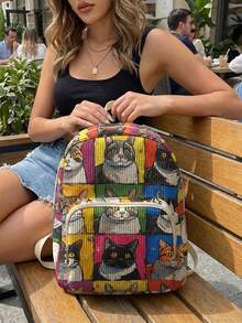 1PC Women's Mini Backpack, Corduroy Girls School Bag, Travel Storage Bag, Kitten Print Design, Large‑Capacity Foldable Easy‑To‑Store Bag, Lightweight & Pressure‑Relieving, Multi‑Pocket Layered Design With Zipper Closure - Kitten 822359 - View 1