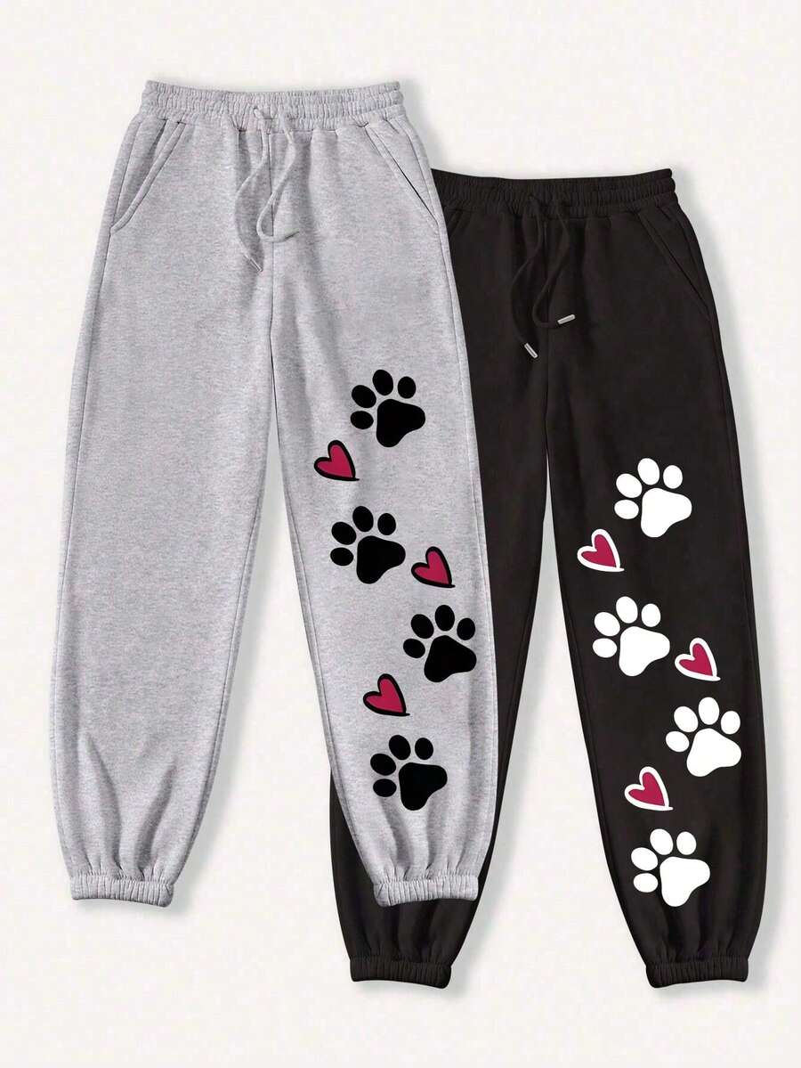 2pcs/Set Women's Cute Paw Print & Heart Pattern Fleece Sweatpants Set, Fashionable Versatile Casual Winter Style - Multicolor - View 1