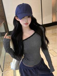 初秋條紋不對稱單肩長袖女款修身打底上衣 性感純欲風上衣 - 黑色 - 查看 3