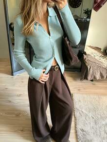 Cardigan Rajut Lengan Panjang Warna Biru Mint untuk Wanita, Serbaguna dengan Kerah Lipat, Cocok untuk Musim Gugur/Dingin - Mint Blue - View 4