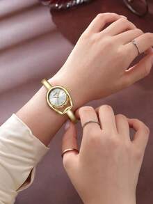 1pc Women's Minimalist Hollow Bracelet Quartz Watch, Casual Versatile Simple Watch Suitable For Daily Commute Matching - Gold - View 7
