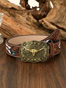 1pc Universal Western Cowboy Embossed Print Casual Bohemian PU Leather Durable Fashion Versatile Youth Handsome All-Season Belt - Brown - View 13