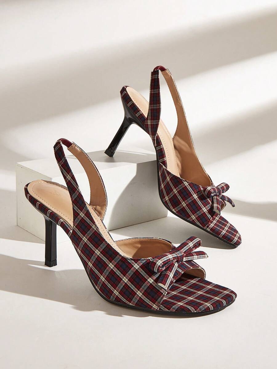 Women's Elegant Basic Office Green Plaid Bow Open Toe Stiletto High Heel Sandals Christmas - Redwood - View 1