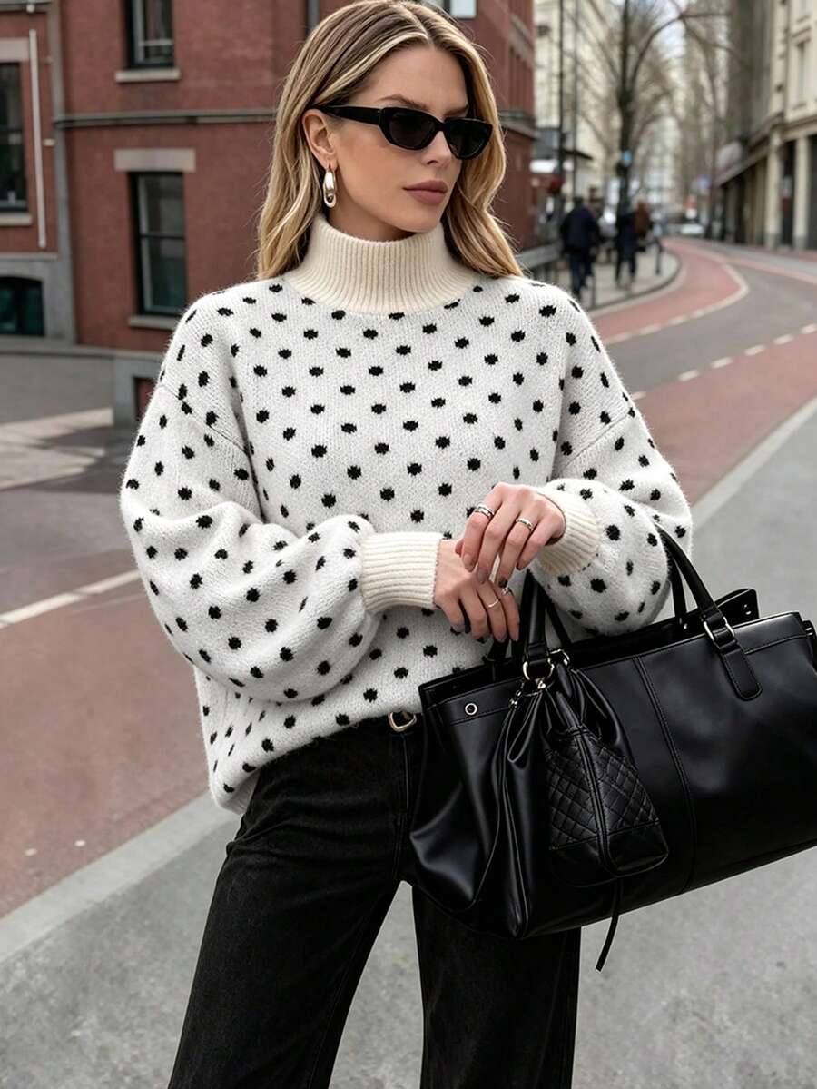 High Neck Polka Dot Knit Sweater, Minimalist Casual Versatile Style Suitable For Casual, Vacation, Date, Autumn/Winter Wear - Off-white - View 1