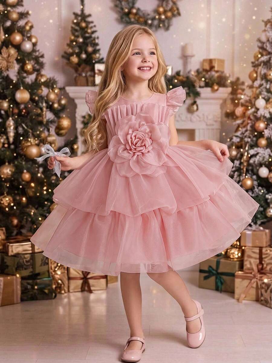 Young Girls Flutter Sleeve 3D Floral Ruched Glitter Tulle Elegant Puff Party Princess Dress, Headband Not Included - Dusty Pink - View 1