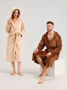 1pc Hooded Couple Bathrobe Long Warm Loose Fit Unisex Solid Color Minimalist Thickened Home Robe - Multicolor - View 4