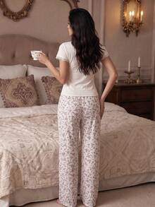 New Lace Patchwork Short Sleeve Top Ditsy Floral Long Pants Women's Pajama Set - Multicolor - View 5