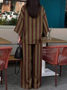 Women's Standard Size Autumn/Winter Similar Color Striped Fabric Cardigan Drop Shoulder Loose Top Casual Commute Set - Multicolor - View 6