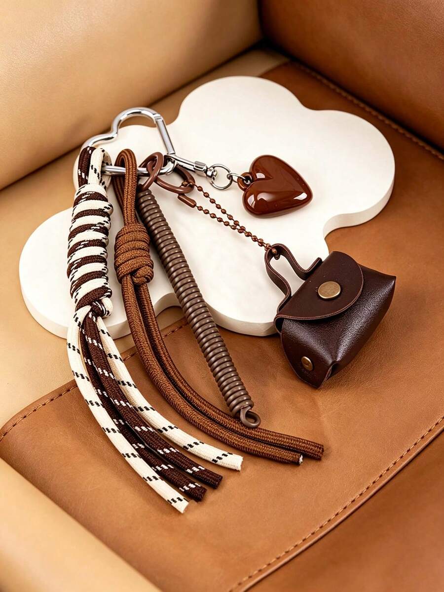 Cute Heart-Shaped Tassel Woven Rope Keychain, Heart-Shaped Tassel Bag Charm, Vintage Brown Woven Lanyard Keychain, Multi-Functional Bag Accessory Pendant, Suitable For Women's Keychain, Car Keychain, Keychain Making Materials, Men's Keychain, Backpack Charm Keychain, Keychain Pendant, Keychain Coin Purse, Bulk Keychains, Keychain Set, Keychain Accessories - Multicolor - View 1