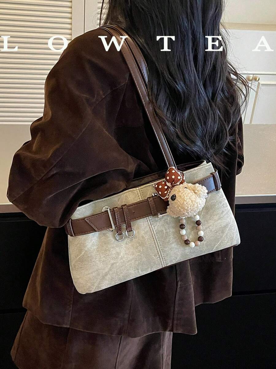 Low Tea 1件裝拼色PU布料女款時尚方包，頂部雙手把設計，拉鍊開合，適合旅行、購物、約會、通勤、戶外、出遊，女性禮物（附吊飾）