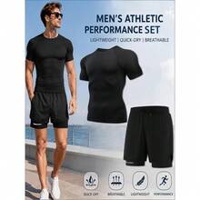 2-Piece Set Men's Compression Short Sleeve + Sports Shorts Quick-Dry Tight-Fit T-Shirt And Quick-Dry Shorts, Suitable For Running, Walking - Black - View 6