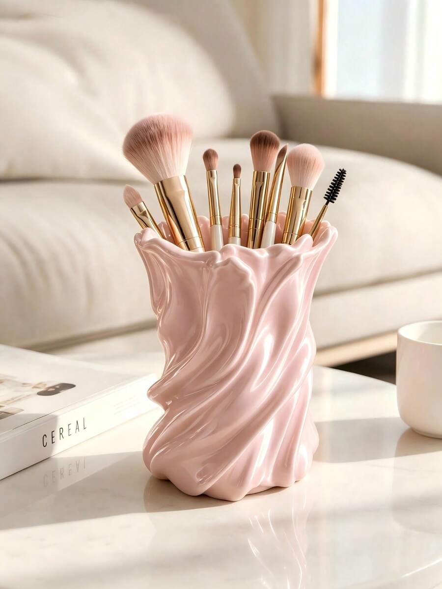 1pc Twisted Makeup Brush Holder, Cosmetic Storage Cup, Vanity Organizer Rack, Lipstick Holder, Makeup Tool Storage Box, Desktop Organizer, Bathroom Countertop Storage, Bedroom Decor, Aesthetic Vanity Decor, Gift, Student Desk Accessory, Wedding Halloween - Multicolor - View 1