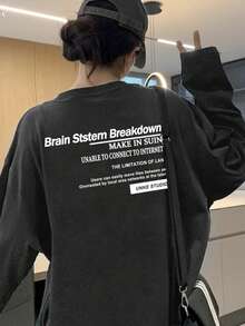 女款時尚春秋純棉寬鬆百搭字母印花圖案長袖T恤 - 深灰色 - 查看 1