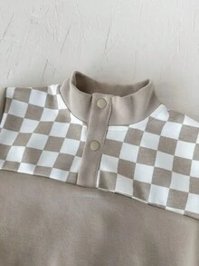 2Pcs/Set Boys' Checkerboard Patchwork Half-Zip Stand Collar Sweatshirt & Jogger Pants Casual Sports Outfit, Spring/Autumn - Khaki - View 9