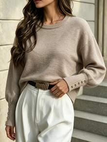 SEREN Fashion Versatile Women's Pullover Sweater, Loose Fit Slimming Solid Color Round Neck Knit Top For Autumn/Winter, Daily Wear - Yan - View 4