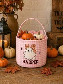 Personalized Halloween Baskets, Checkered Pattern Trick-Or-Treating Bags, Customizable With Names, Halloween Candy Buckets, Halloween Storage Baskets As Gifts. - Multicolor - View 2