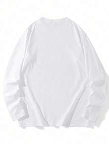 Women's Pure White Long Sleeve T-Shirt, Round Neck Drop Shoulder Loose Fit Basic Casual Long Sleeve Top, Suitable For Daily Wear - White - View 5