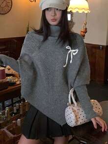 Grey Asymmetrical Slouchy Batwing Sleeve High Neck Knit Sweater For Women, Winter - Grey - View 1
